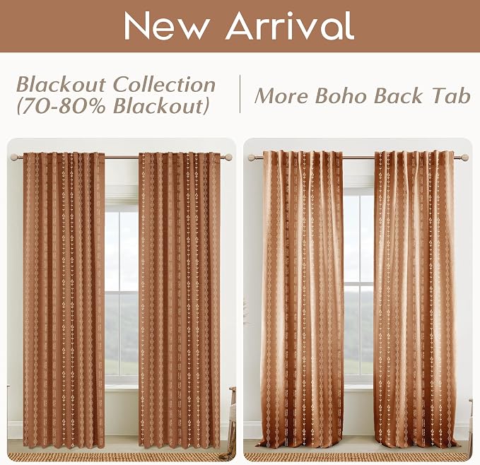 Boho Curtains 63 Inch Length for Living Room,Sheer Printed Farmhouse Vintage Earthy Copper Red Terracotta Rust Colored Retro Curtains for Bedroom Kitchen 2 Panel Sets 63 Inches Long