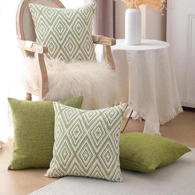 HPUK Throw Pillow Covers 18x18 Inch Set of 4, Linen Decorative Pillow Covers, Accent Cushion Covers for Couch Sofa Bed Bedroom Living Room Décor, Green