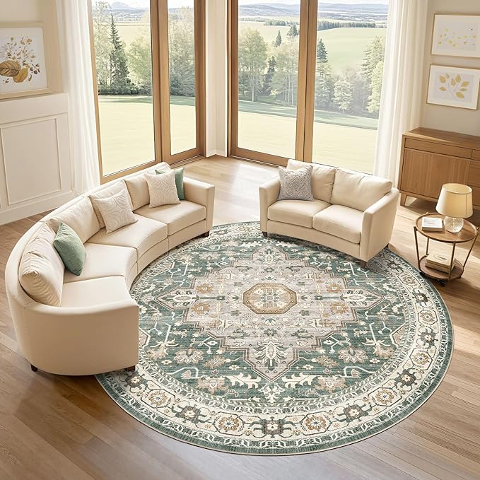 10ft Round Rug Living Room Rugs: 10x10 Washable Boho Neutral Large Circle Soft Indoor Distressed Stain Resistant Floor Farmhouse Carpet for Bedroom Nursery Kids Playroom Office Dining Room Dorm- Green