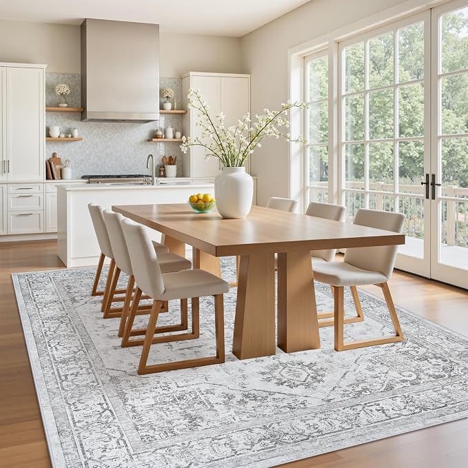 5x7 Area Rugs for Bedroom:Gray Washable Vintage Medallion Rug Non-Slip Soft Low Pile Large Rugs Indoor Retro Carpet for Living Room Kitchen Nursery Dining Table Office (Gray, 5'x7')