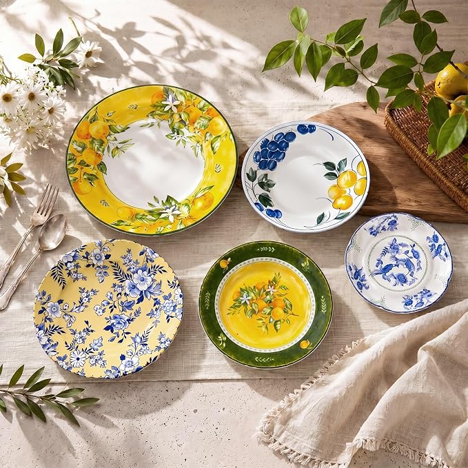 Yiyiring 5 Pcs Coastal Vintage Ceramic Wall Plates Set, Blue White and Yellow Decoration Hanging Plates with Botanical Patterns, Holland Vintage Gifts for Wall, Home Office Art Ornament(Fruit)