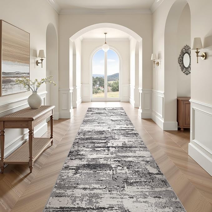 Area Rugs for Living Room: Abstract Washable Rug Modern Neutral Large Soft Stain Resistant Non-Slip Backing Machine Table for Bedroom Dining Room Indoor Home Office Carpet - 3x14 Black Grey