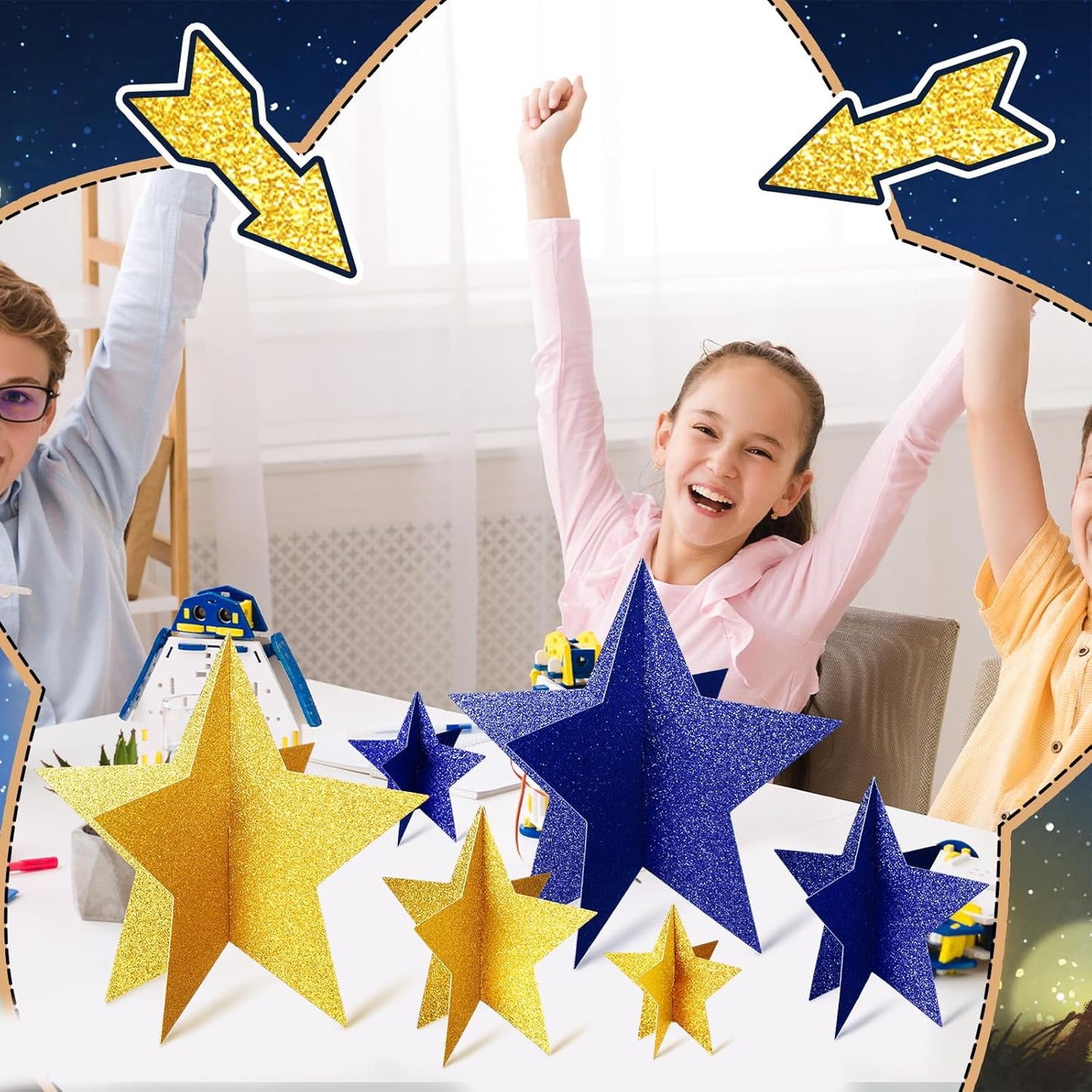 45 Pcs 3D Star Centerpieces Movie Night Decorations for Table in 3 Sizes Hanging Supplies for Red Carpet Film Show Theme Birthday New Year Party First Day of School Table Decor(Blue, Gold)