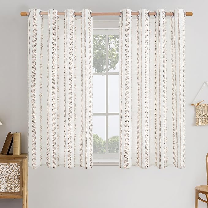 BGment Short Brown Boho Curtains Leaf Floral Print Cottage Core Botanical Curtains for Living Room Light Filtering Curtain 54 Inch Long for Farmhouse Rustic, Each 52 Inch Wide, 2 Panels Set