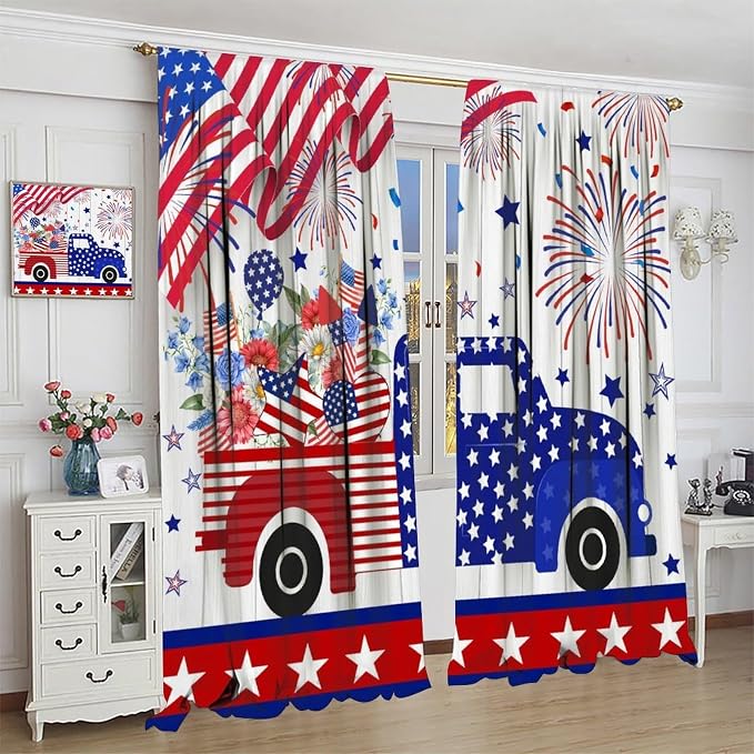 4th of July Curtain,American Flag Red Truck Independence Day Drapes for Bedroom Living Room Kitchen Window Treatment 2 Panels Set Total Size 84" W X 84" L Inch