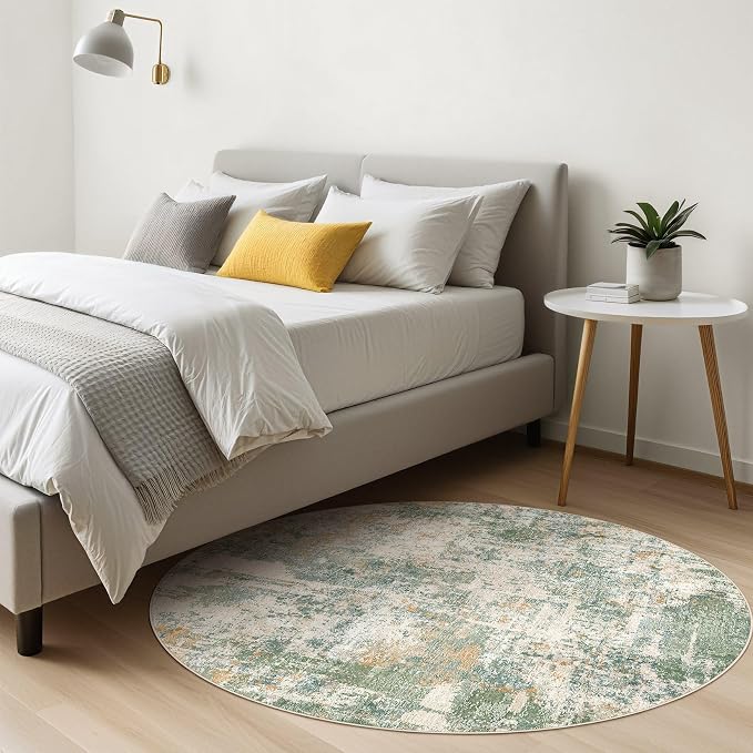 7ft Round Rug Living Room Rugs: 7x7 Washable Circle Large Abstract Modern Soft Stain Resistant Non-Slip Indoor Floor Carpet for Bedroom Nursery Office Dining Room Playroom Home House- Green