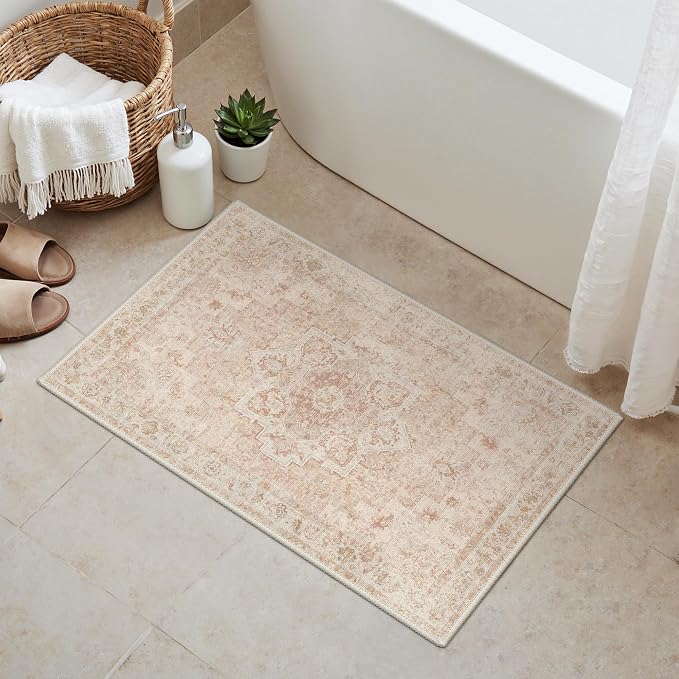 GENIMO Area Rug 2x3 Doormat, Machine Washable Low Pile Rugs, Small Retro Entryway Mat for Entrance, Hallway, Kitchen and Corridor, Light Pink