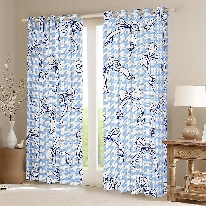 Feelyou Kawaii Bow Room Darkening Blackout Curtain Plaid Girls Bow Curtains for Bedroom Living Room Cute Bowknot Blackout Curtains (2 Panels, 42 x 84 Inch) Lovely Grid Window Treatments