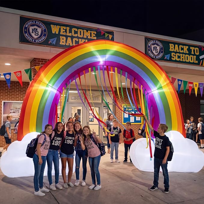 Seenelling 14 FT Giant Inflatable Rainbow Arch with Colored Tassel Decoration Back to School Theme Rainbow Arch Built-in LED Lights for Birthday Baby Shower Yard Outdoor Back to School Lawn Decor