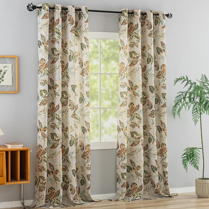 ALIGOGO Linen Botanical Curtains - 96" Long for Living Room - Tropical Leaves Pattern - Semi-Sheer - Cottage Core - Privacy Protect - French Country - Moody - 50" W x 96" L