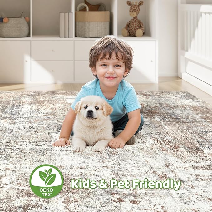 Square Rug 8x8 Living Room: Large Washable Abstract Modern Soft Area Rug Stain Resistant Indoor Floor Non-Slip Accent Carpet for Bedroom Nursery Playroom Dining Room Office Dorm Home Decor- Brown