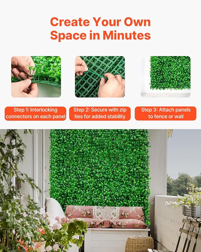 VEVOR Artificial Boxwood Panels 24pcs, 10 x 10 in Boxwood Hedge Wall Panel Artificial Grass Backdrop, 1.6 in Green Fake Grass Wall for Privacy Fence Decor Indoor Outdoor Garden Backyard