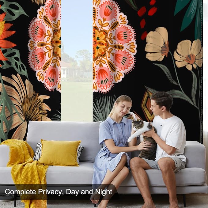 Boho Blackout Curtains for Bedroom, Bohemian Floral Black Living Room Curtains 84 Inch Length 2 Panels Set, Thermal Insulated Light Filtering Soundproof Black Out Window Drapes with Curtain Tiebacks