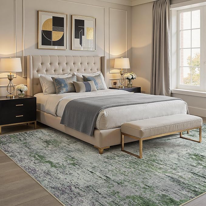 DMOYEST Area Rug Living Room Rugs - 8x10 Large Soft Indoor Neutral Modern Abstract Low Pile Washable Rug Carpet for Bedroom Dining Room Farmhouse Home Office - Green/Grey/Brown