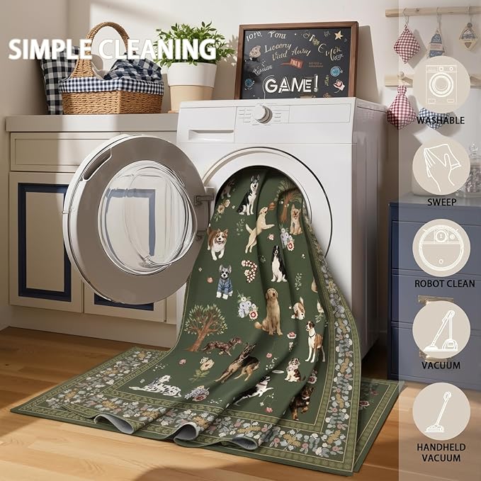 Area Rug 4x6 Dark Green Rug, Washable Boho Rugs Non Slip Low Pile Floral Dog Small Carpet for Bedroom, Bedside, Kids Room, Office, Dining Room(Dark Green, 4 x 6)