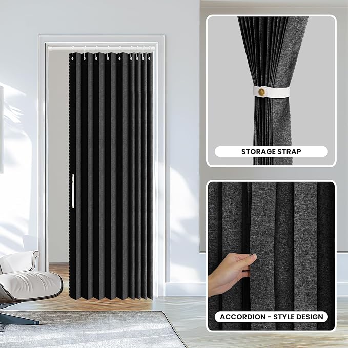 AJAZZ Set: Curtain Rods No Drilling (28-39" W Adjustable Range) & Accordion Door Curtain, Black 42W×78" L, Accordion Doors for Closet Doorway Room Divider