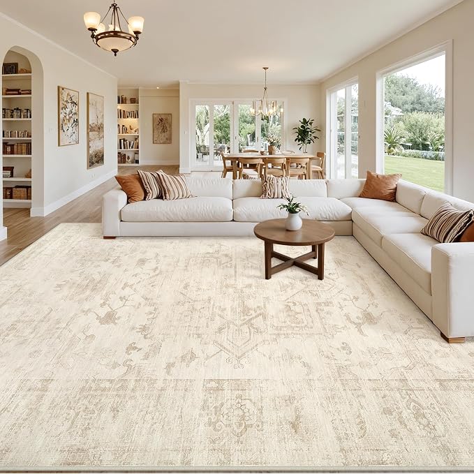 10x12 Area Rug for Living Room: Vintage Boho Neutral Washable Rug Indoor Soft Large Area Rug Carpet for Bedroom Nursery Farmhouse Dining Room Office Floor Non-Slip Low Pile Under Table Rug Beige/Brown