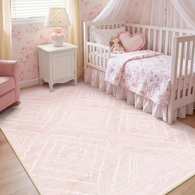 BESTSWEETIE Area Rug 9x12 Rug Machine Washable Non-Slip Low Pile Print Pattern Western Rug for Living Room Bedroom Entryway Tribal Series -Light Pink/Cream