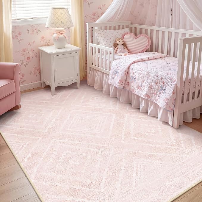 BESTSWEETIE Area Rug 6x9 Rug Machine Washable Non-Slip Low Pile Print Pattern Western Rug for Living Room Bedroom Entryway Tribal Series -Light Pink/Cream