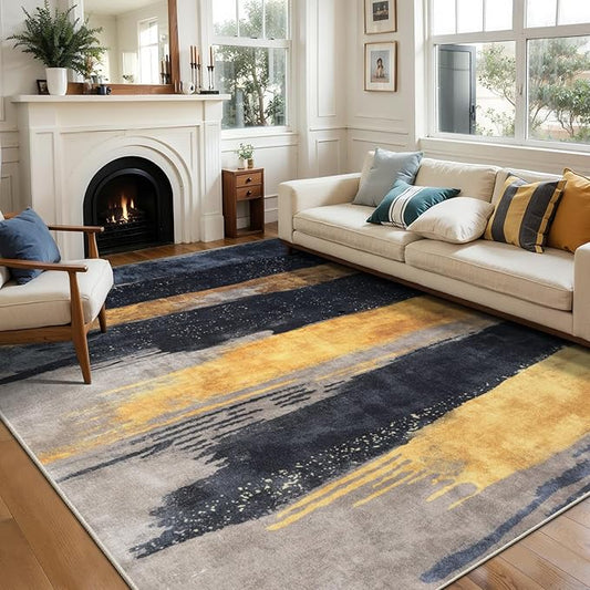 Ciicool Modern Abstract Black Gold Rug for Living Room, 8'x10' Machine Washable Area Rug Non-Slip Rug, Low-Pile Contemporary Indoor Dining Floor Carpet for Bedroom Office Under Table Home Decor
