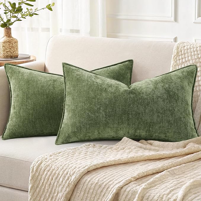 decorUhome Fall Couch Throw Pillow Covers 12x20 Set of 2, Decorative Soft Velvet Modern Cozy Chenille Lumbar Pillow Cases with Elegant Design for Sofa Bed Living Room Home Decor, Olive Green