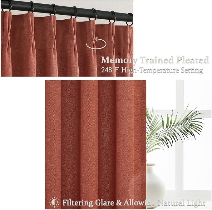 Burnt Orange Flax Linen Sheer Curtains 84 Inches Long for Living Room, Country Cottage Core Pinch Pleated Light Filtering Semi Through Drapes 84 Inch Length 2 Panels for Dining Room Fall Window Burg