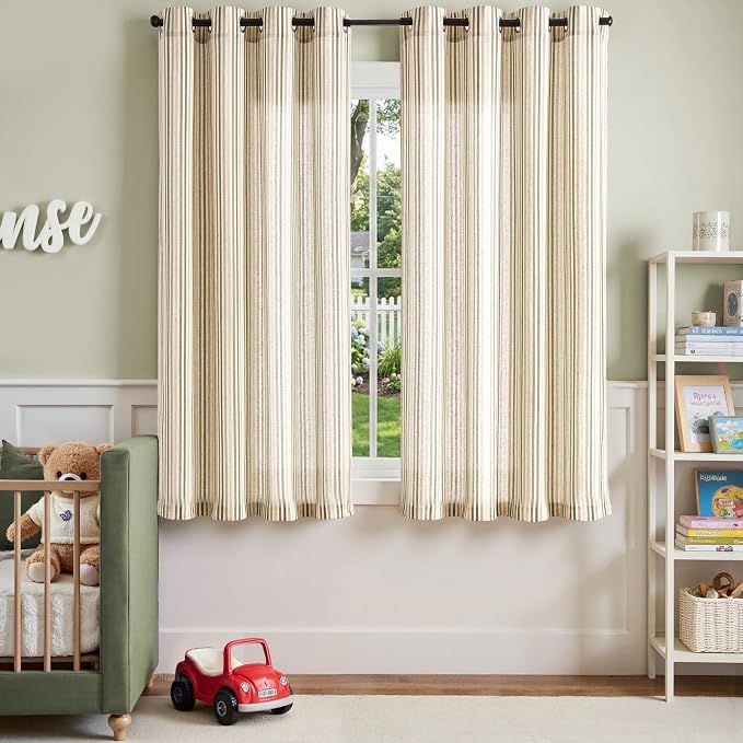 jinchan Linen Curtains 63 inch Green Stripe for Kids Room Grommet 2 Panels | Kids Curtains for Nursery Living Room Bedroom Baby Boys Room,Cute Colorful Ticking Stripe,Cottagecore Rustic,Light Filtering