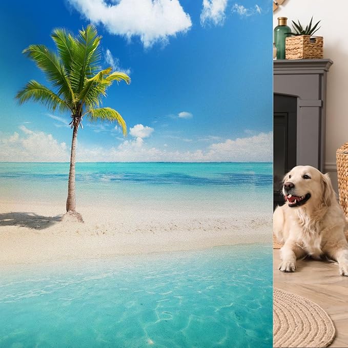 Decorative Window Privacy Film, Heat Control Sun Blocking UV Protection, Ocean Beach Design Static Cling, Non Adhesive Windows Tint for Home Kitchen Office 60x60cm/23.6x23.6in