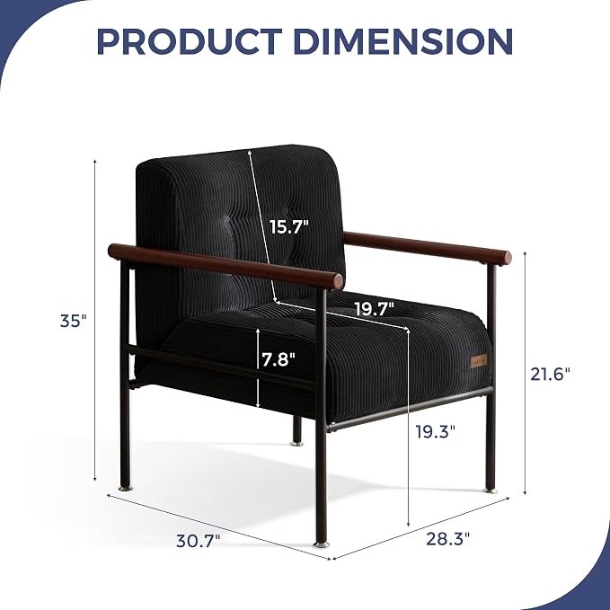 MAXYOYO Living Room Accent Chair, Modern Chair with Metal Frame | Upholstered Reading Chair Modern Living Room Chair with Support Cushion for Bedroom Balcony Porch, Black