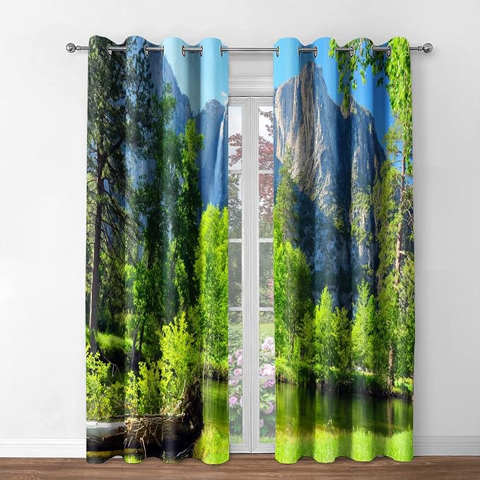 Jekeno Mountains Forest Blackout Curtains Jungle Green Trees River in Bright Sunshine Nature Scenery Decor Bedroom Living Room Darkening Grommet Window Drapes 2 Panel Set, 42"x63"