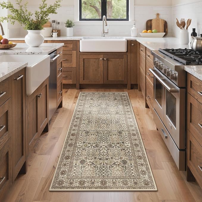 Bavni 2x8 Rug Runners for Hallways, Washable Runner Rug Non Slip,Vintage Floral Print Style Rugs for Bedroom-Lightweight Low Pile Carpet for Hallways Bathroom, Dark Espresso