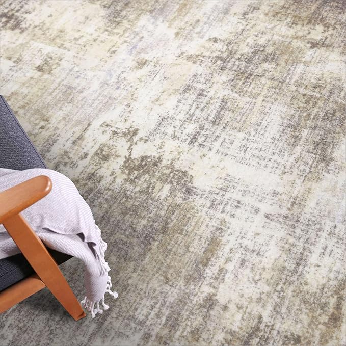 IOHOUZE Abstract Area Rug 4x6 Ft Washable Rugs for Entryway Indoor, Non Slip Small Living Room Rugs Printed Faux Wool Throw Rug, Floor Carpet for Kitchen Nursery Playroom, Beige Brown