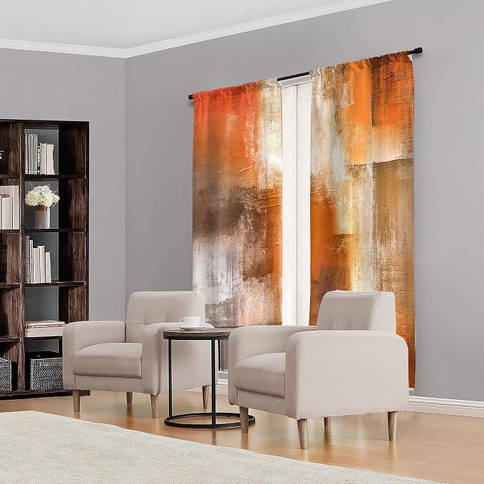 MESHELLY Burnt Orange Curtains 42W x 63H Inch Rod Pocket Abstract Rustic Rust Brown Art Painting Modern Vintage Retro Orange Grey Ombre Oil Print Living Room Bedroom Window Drapes Fabric 2 Panel
