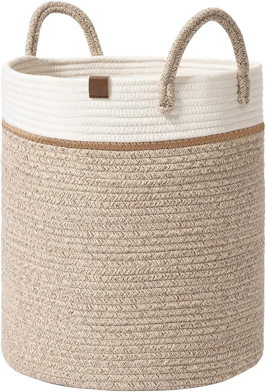 LA JOLIE MUSE Woven Basket Rope Storage Baskets - Tall Cotton Basket 16 x 14 x 14 Inches, Laundry Basket for Blanket, Kids Toy, Nursery Clothes Hamper Basket White & Desert