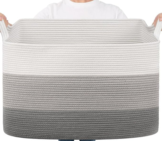 Goodpick 105L Extra Large Blanket Basket 25" x 16" x 16" Cotton Rope Storage Bins for Dirty Clothes Pillows, Decorative Woven Basket with Handles, Toy Baskets Storage Kids, Gray