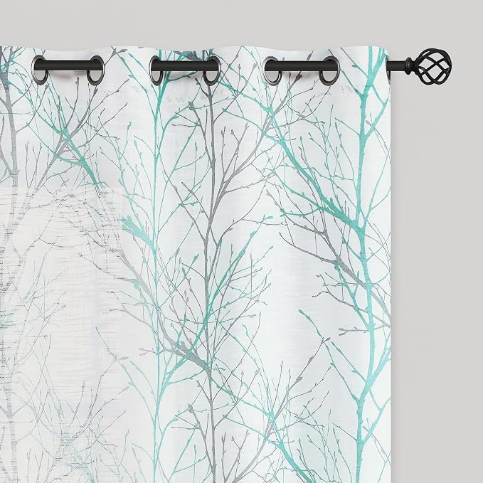 FMFUNCTEX Linen Semi Sheer Curtains for Bedroom, Auqa Blue White Curtains 63 Inches Long for Living Room, Grey Tree Branch Patterned Curtain Light Filtering Window Drapes, Grommet Top 2 Panels