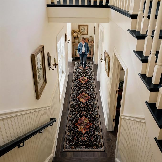 RELEANY Area Rugs Runner 2'6"x12' Washable Non-Slip, Floral Vintage Distress Medallion Carpet for Kitchen Hallway Bedroom Beside Laundry Room Bathroom, Black Colorful Floral Dark Tan