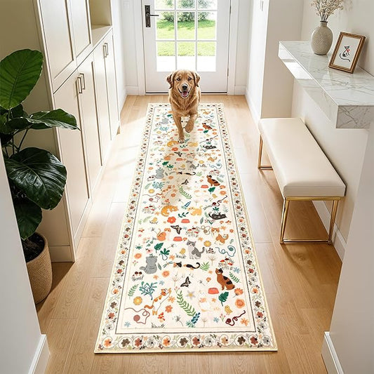 LIANLAM 2.7x8 Cat Themed Runner Rug for Hallway & Kitchen, Washable Non-Slip Long Carpet with Playful Feline Prints, Pet Friendly & Easy Clean Low Pile Floor Mat(2.7x8,Beige)