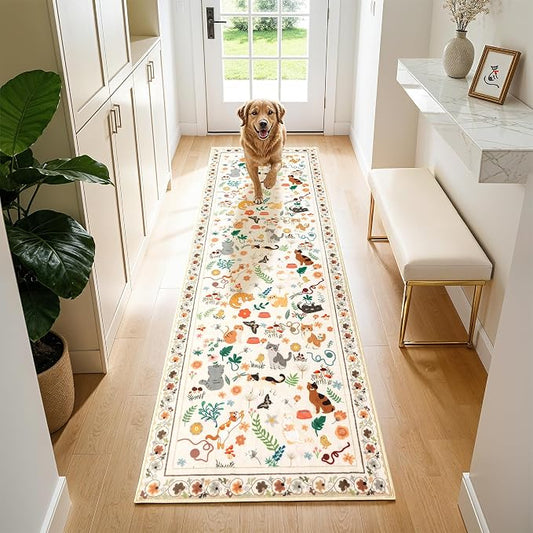 LIANLAM 2x6 Cat Themed Runner Rug for Hallway & Kitchen, Washable Non-Slip Long Carpet with Playful Feline Prints, Pet Friendly & Easy Clean Low Pile Floor Mat(2x6,Beige)