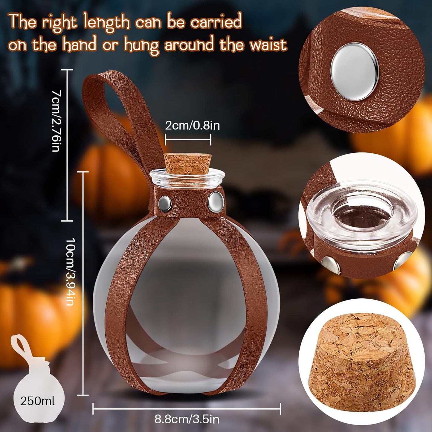 Patelai 2 Pcs Halloween Glass Potion Bottles with Belt Cork Renaissance Witch Costume Accessories Witch Props Potion Bottle for Halloween Party Decor Cosplay DIY Crafts Gift (Brown)