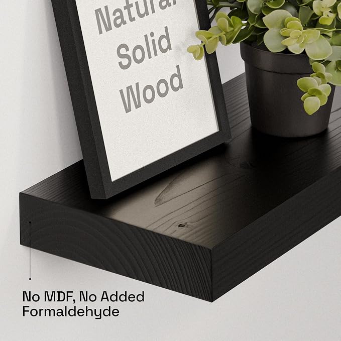 Solid Wood Floating Shelves for Wall 12 Inch Black, Small Wooden Shelf | Real Wood, Wide, Bathroom Shelves for Room Wall Mounted, Kitchen Bedroom, Black Finish, 12W × 6.7D, Set of 2