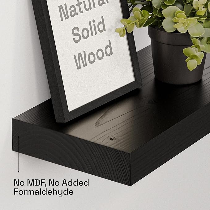 BAOBAB WORKSHOP Wood Floating Shelves for Wall 36 Inches Long - Heavy Duty Wall Shelf for Bedroom, Solid Wooden Bathroom Shelves Large 36 Inch Kitchen Farmhouse - Black Shelf, 36W × 6.7D, Set of 2
