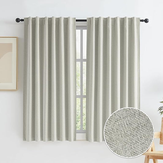 KEQIAOSUOCAI Greyish Beige 100% Blackout Linen Curtains, Completely Thermal Insulated Window Treatment Panels for Bedroom Nursery Hook Belt Back Tab, 2 Panels, 50 Inch Width x 63 Inch Length