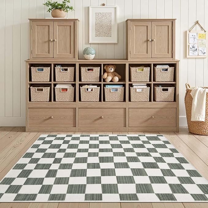 jinchan 3x5 Checkered Area Rugs for Kids Room - Machine Washable Soft Rug Modern Geometric Lattice Non-Slip Carpet for Nursery Playroom Bedroom Entryway Living Room Dining Room Home Office Grey