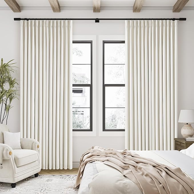 Natural Linen 100% Black Out Pinch Pleated Curtains 108 Inches Long 2 Panels Set for Bedroom Cream Back Tab Thermal Insulated Energy Efficient Blackout Curtains Living Room High Ceiling Length 9 Ft
