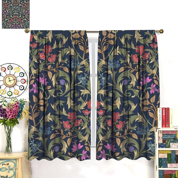 William Morris Flower Blackout Curtains, Retro Botanical Vintage Floral Leaves Window Drapes, for Bedroom Living Room 42" W X 54" L
