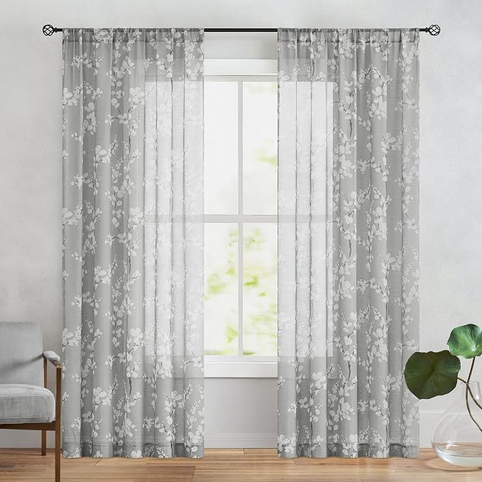 FMFUNCTEX Linen Sheer Curtains for Bedroom, Grey White Blossom Print Curtains 84 Inches Long for Living Room,Floral Patterned Farmhouse Curtain Light Filtering Window Drapes 2 Panels, Rod Pocket