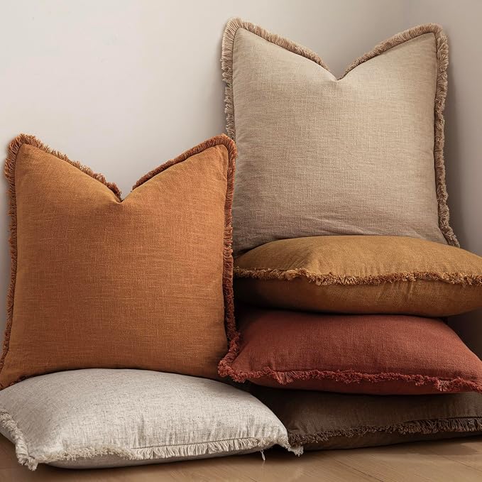 Foindtower Set of 2 Decorative Linen Fringe Throw Pillow Covers Cozy Boho Farmhouse Cushion Cover with Tassels Soft Accent Pillowcase for Couch Sofa Bed Living Room Home Decor, 24×24 Inch, Orange