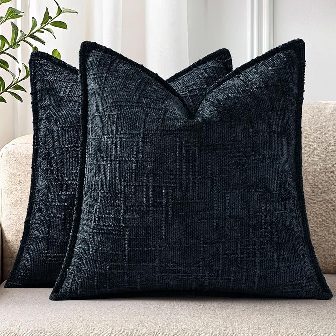 decorUhome Chenille Throw Pillow Covers 22x22 Set of 2, Thick Textured Slubby Neutral Decorative Pillow Covers with Elegant Design for Couch, Sofa, Living Room, Midnight Blue
