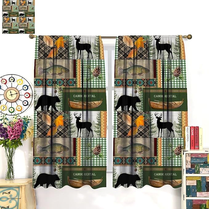 Vintage Animal Blackout Curtains Countryside Farmhouse Hunting Lodge Mountains Lake Bear Deer Plaid Bass Wildlife Windows Treatments Rod Pocket for Kitchen Living Room Bedroom 63x72in